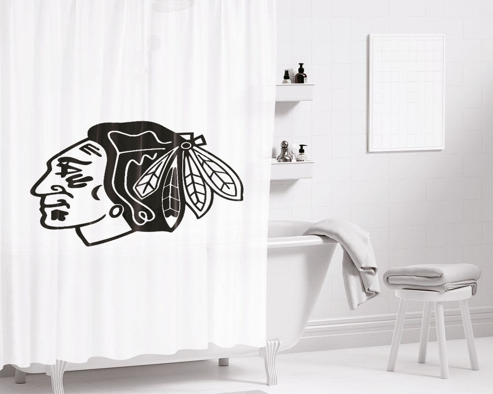 Black White Chicago Blackhawks Logo Bathroom Shower Curtain Fabric Waterproof | 66 X 72 Inch