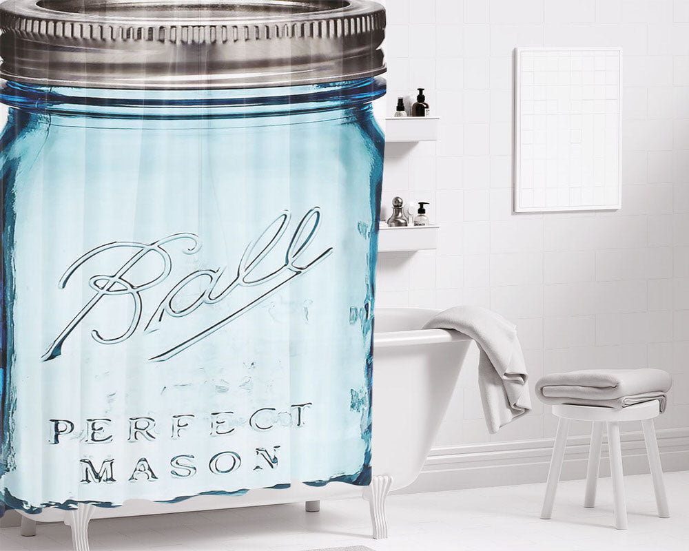 Blue Mason Jar Bathroom Shower Curtain Fabric Waterproof | 66 X 72 Inch