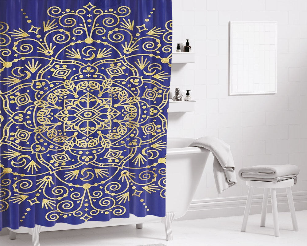 Blue Moroccan Bathroom Shower Curtain Fabric Waterproof | 66 X 72 Inch