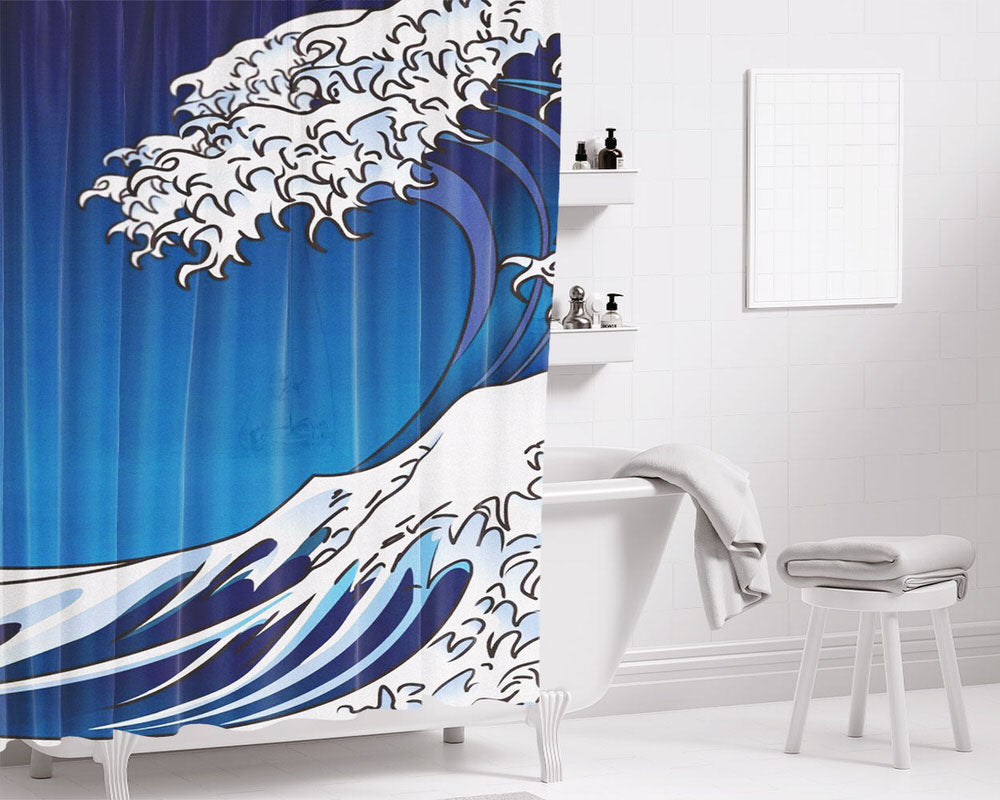 Blue Waves Art Bathroom Shower Curtain Fabric Waterproof | 66 X 72 Inch