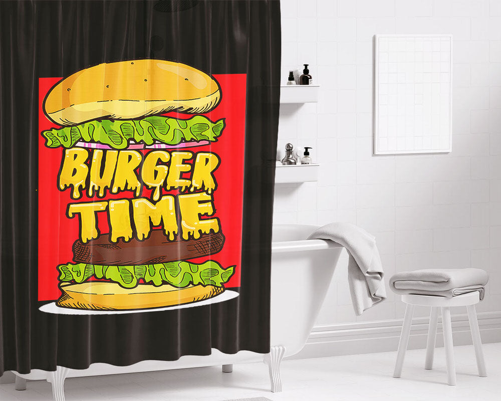 Burger Time Illustration Black Bathroom Shower Curtain Fabric Waterproof | 66 X 72 Inch
