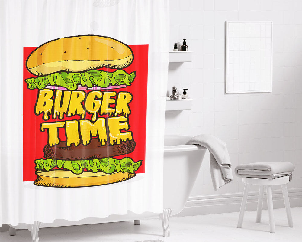 Burger Time Illustration White Bathroom Shower Curtain Fabric Waterproof | 66 X 72 Inch