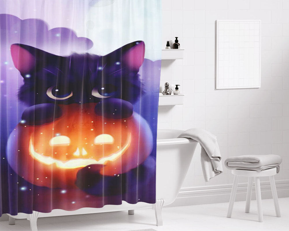 Cat Halloween Illustration Bathroom Shower Curtain Fabric Waterproof | 66 X 72 Inch