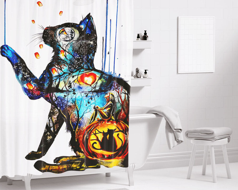 Cat Illustration Art Canvas Bathroom Shower Curtain Fabric Waterproof | 66 X 72 Inch