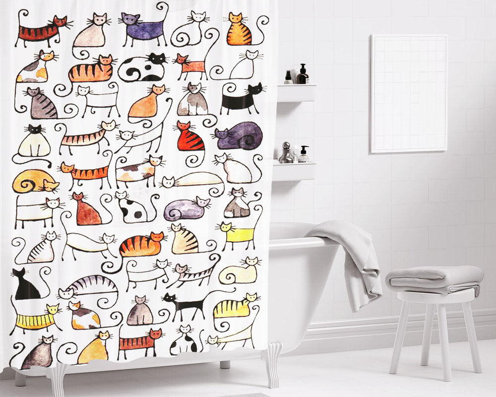 Cats Doodle Cats Sketch Bathroom Shower Curtain Fabric Waterproof | 66 X 72 Inch