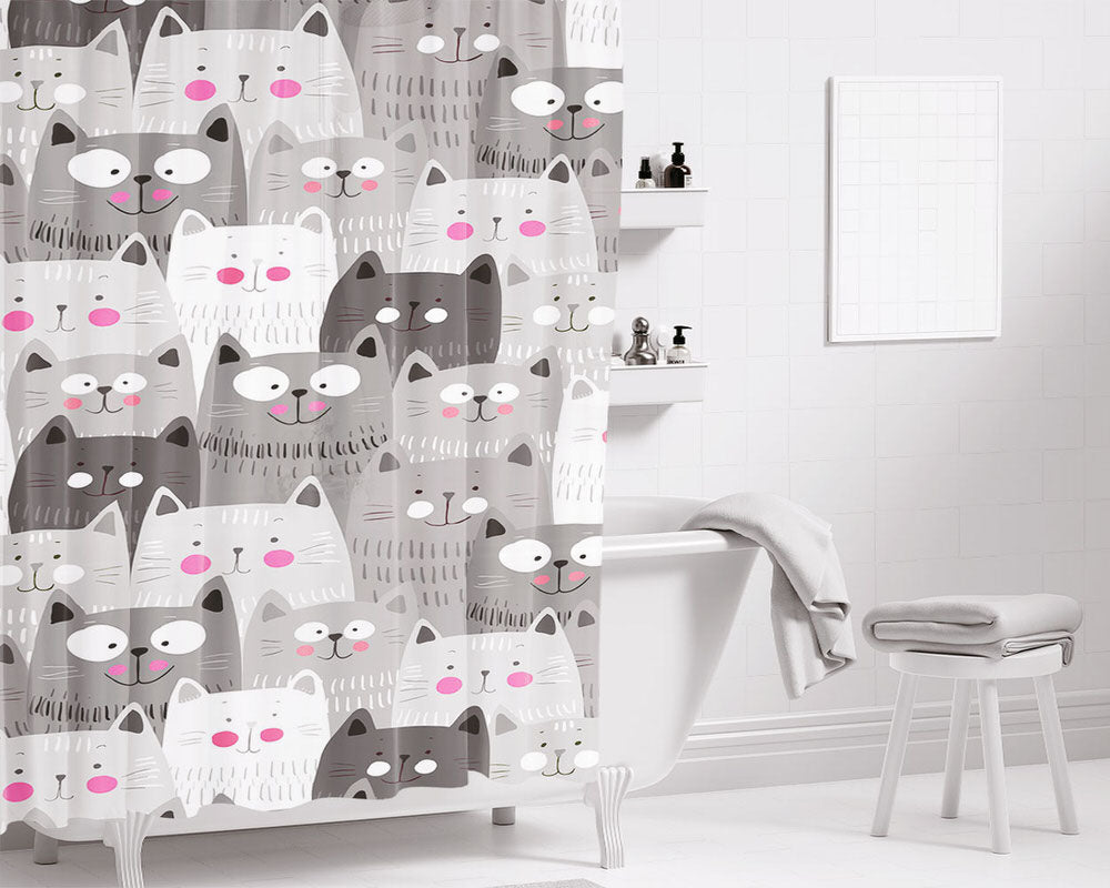 Cats Illustration Bathroom Shower Curtain Fabric Waterproof | 66 X 72 Inch