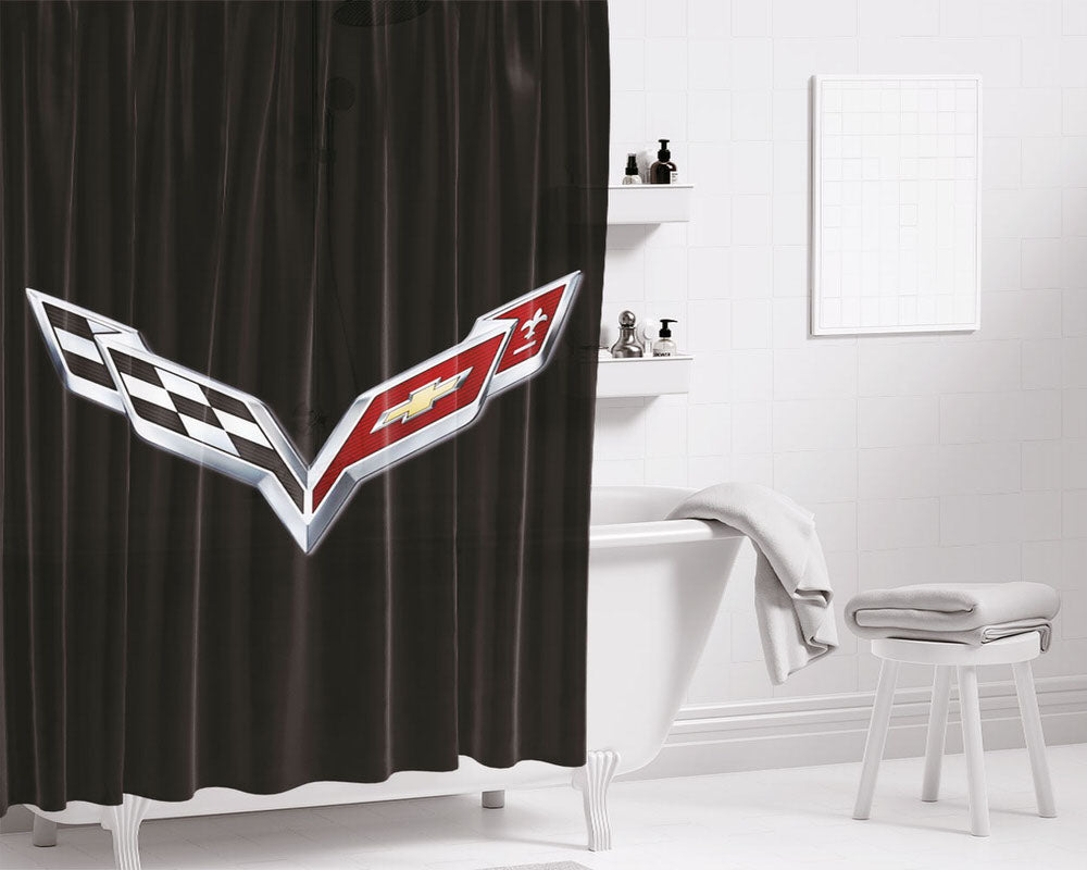 Corvette Emblem Black Logo Bathroom Shower Curtain Fabric Waterproof | 66 X 72 Inch