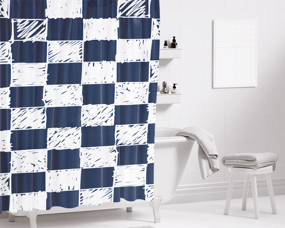 Dark Blue Chess Bathroom Shower Curtain Fabric Waterproof | 66 X 72 Inch