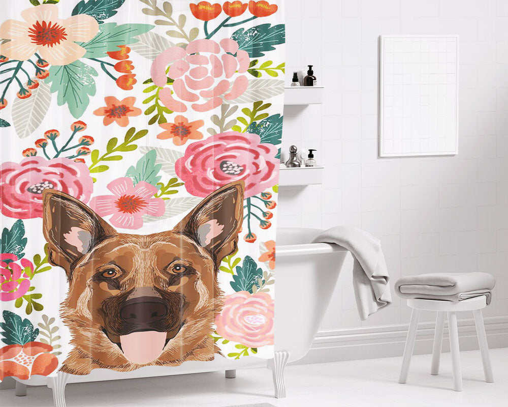 Dog Floral Art Bathroom Shower Curtain Fabric Waterproof | 66 X 72 Inch