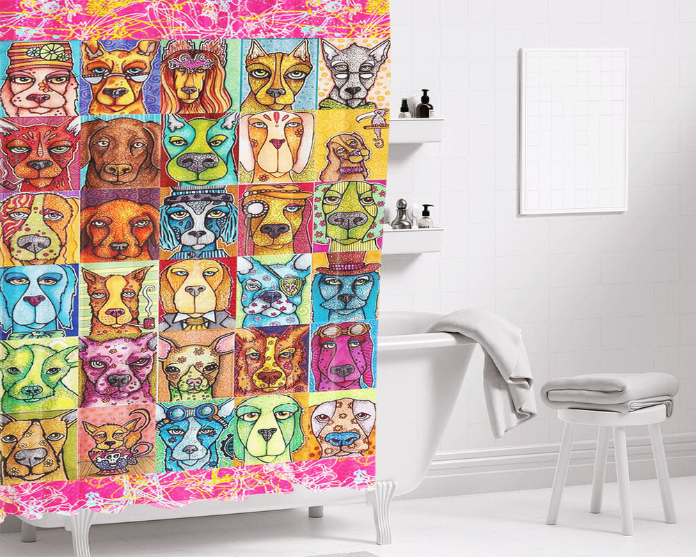 Dogs Illustration Bathroom Shower Curtain Fabric Waterproof | 66 X 72 Inch