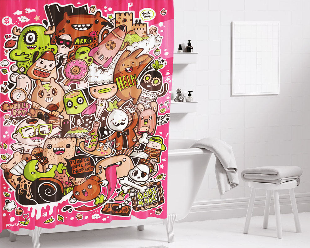 Doodle Art Pink Green Character Bathroom Shower Curtain Fabric Waterproof | 66 X 72 Inch