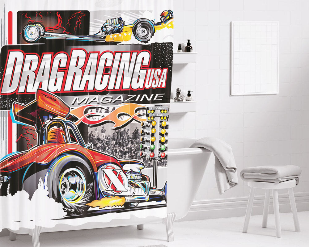 Drag Racing Magazine Bathroom Shower Curtain Fabric Waterproof | 66 X 72 Inch