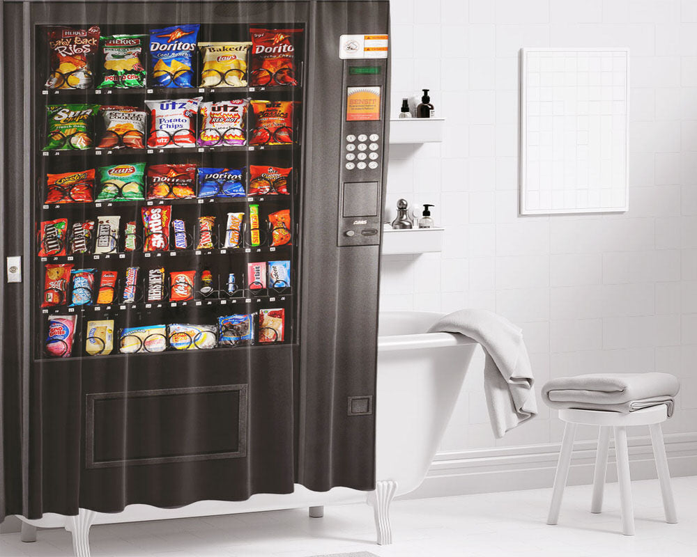Drink And Food Black Box Vending Machine Bathroom Shower Curtain Fabric Waterproof | 66 X 72 Inch