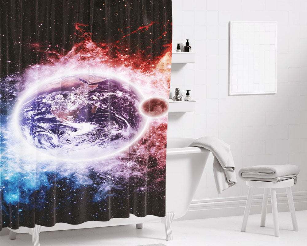 Earth And Moon Wallpaper Bathroom Shower Curtain Fabric Waterproof | 66 X 72 Inch
