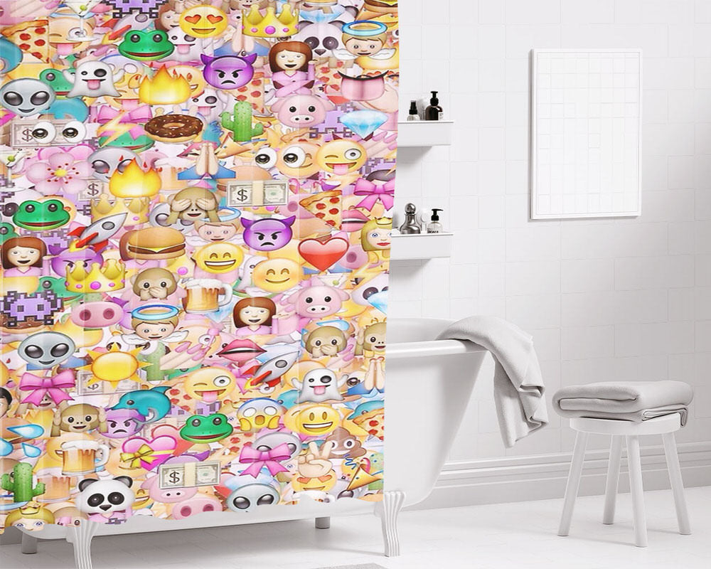 Emoticon Emoji Doodle Art Bathroom Shower Curtain Fabric Waterproof | 66 X 72 Inch