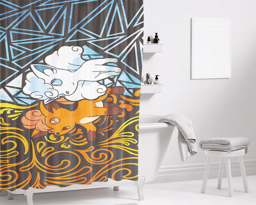 Flame Fire Vulpix And Ice Alolan Vulpix Bathroom Shower Curtain Fabric Waterproof | 66 X 72 Inch
