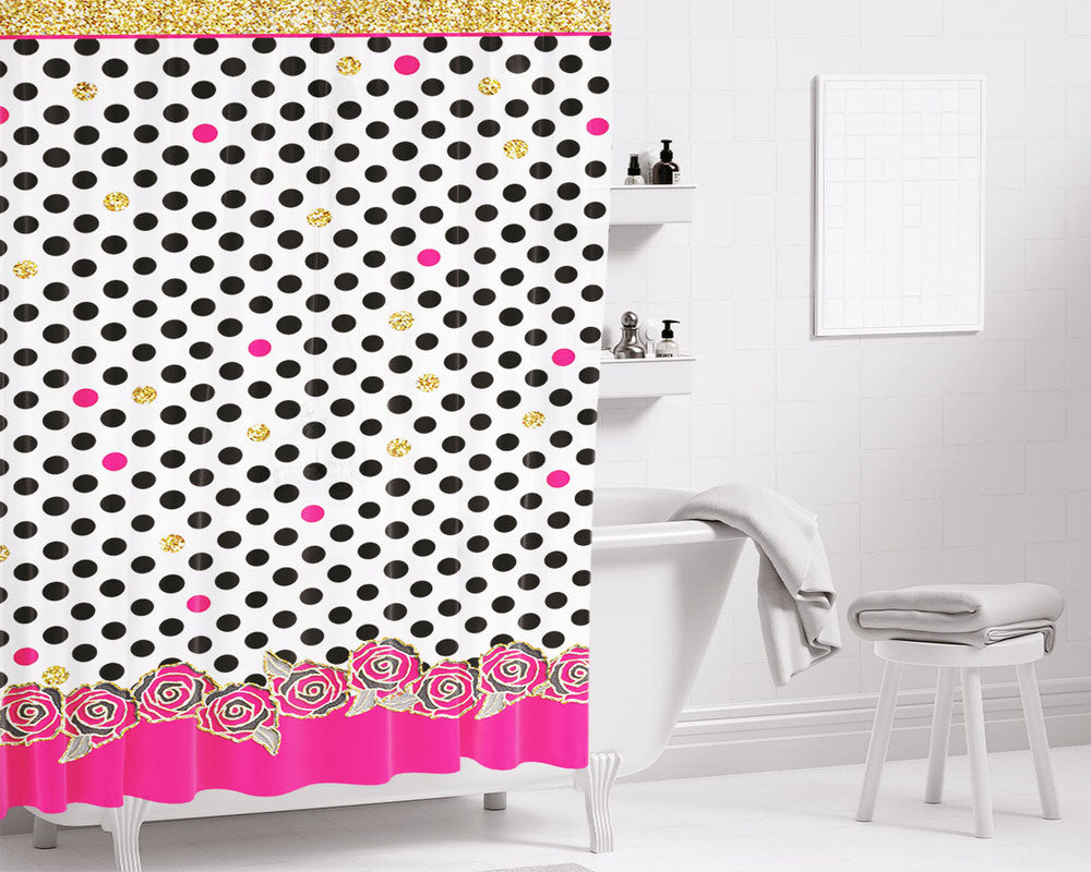 Flower Dots Glitter Bathroom Shower Curtain Fabric Waterproof | 66 X 72 Inch