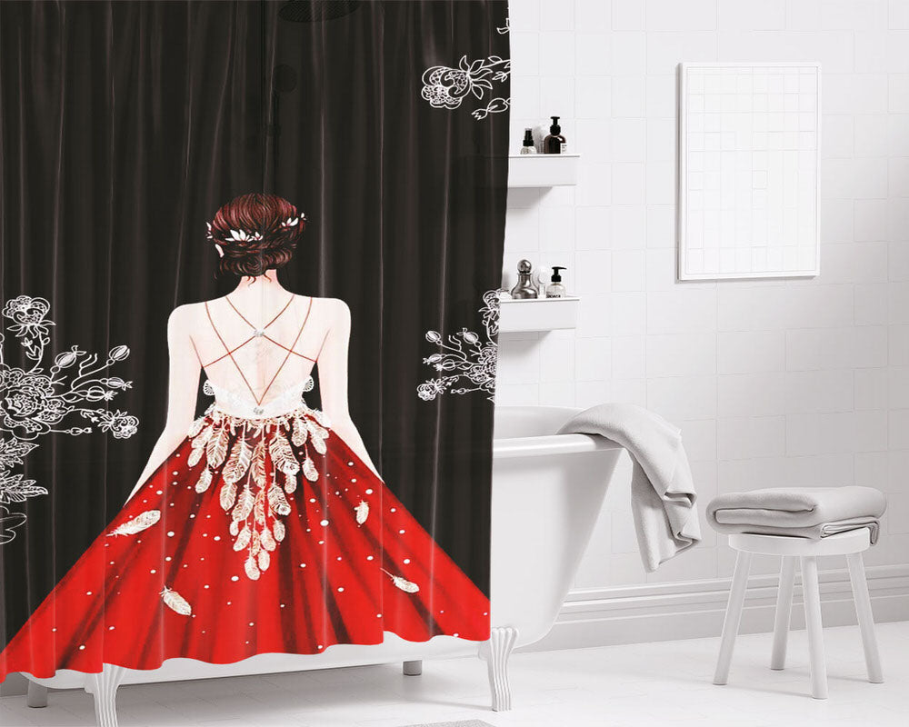 Fluffy Red Dress Girl Bathroom Shower Curtain Fabric Waterproof | 66 X 72 Inch