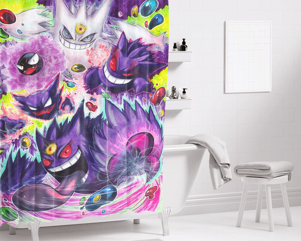 Gastly Haunter Gengar Mega Gengar And Shiny Mega Gengar Bathroom Shower Curtain Fabric Waterproof | 66 X 72 Inch