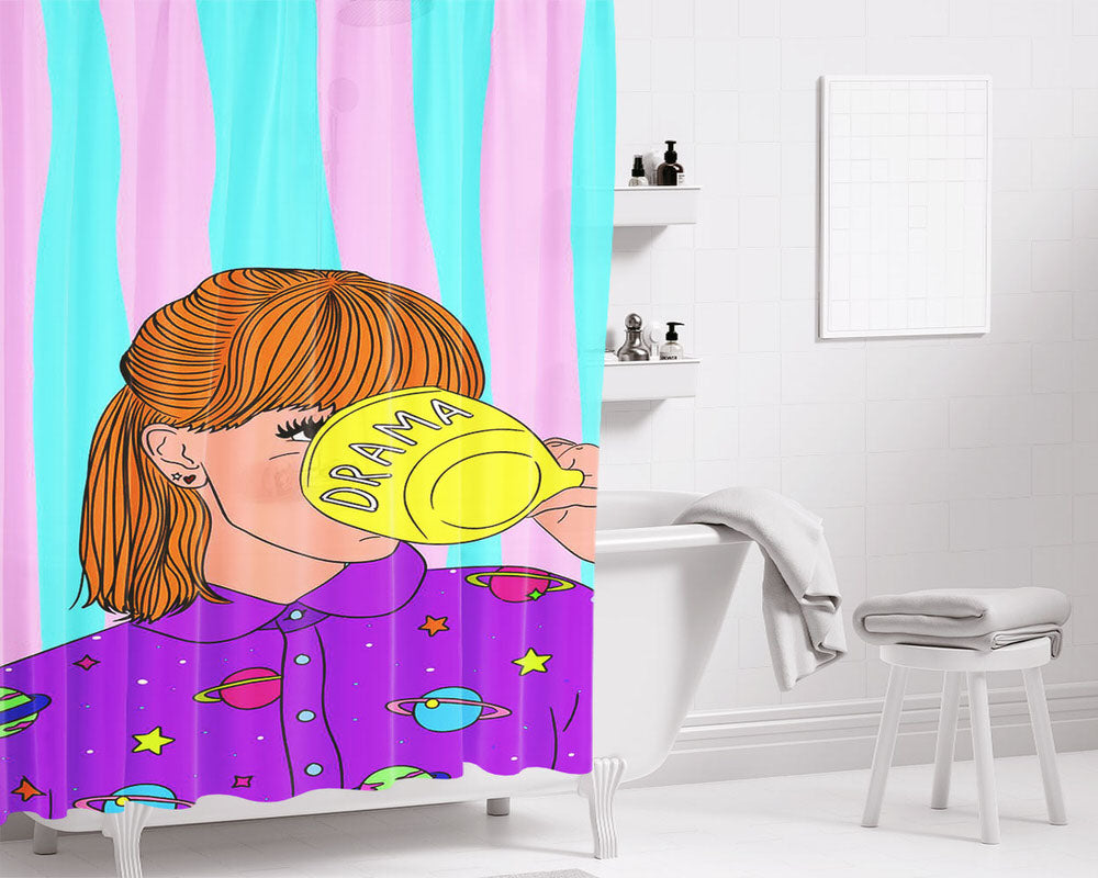 Girl Is Drinking Tea Drama Bathroom Shower Curtain Fabric Waterproof | 66 X 72 Inch