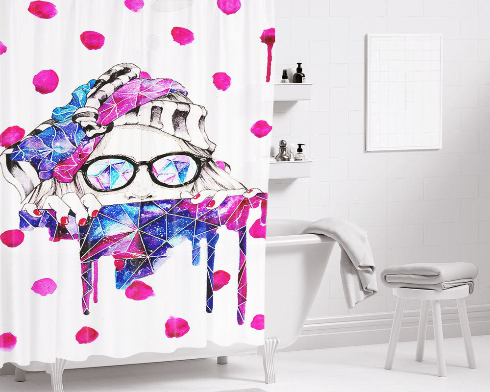 Girl With Glasses Dots And Galaxy Painting Bathroom Shower Curtain Fabric Waterproof | 66 X 72 Inch