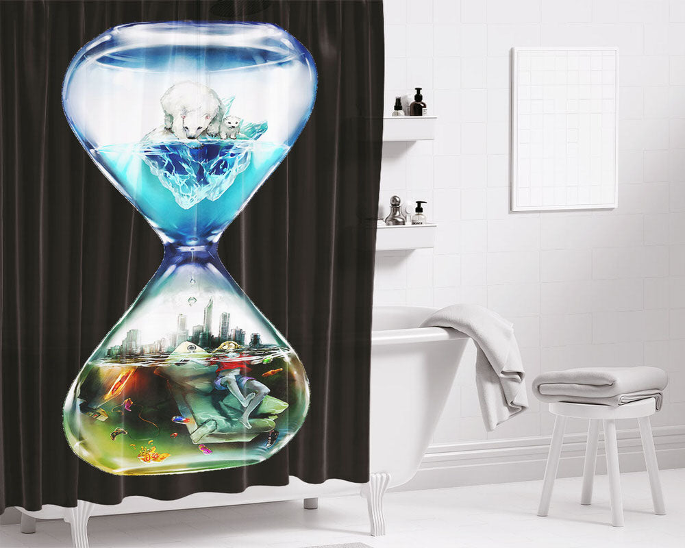Global Warming Hourglass Bathroom Shower Curtain Fabric Waterproof | 66 X 72 Inch