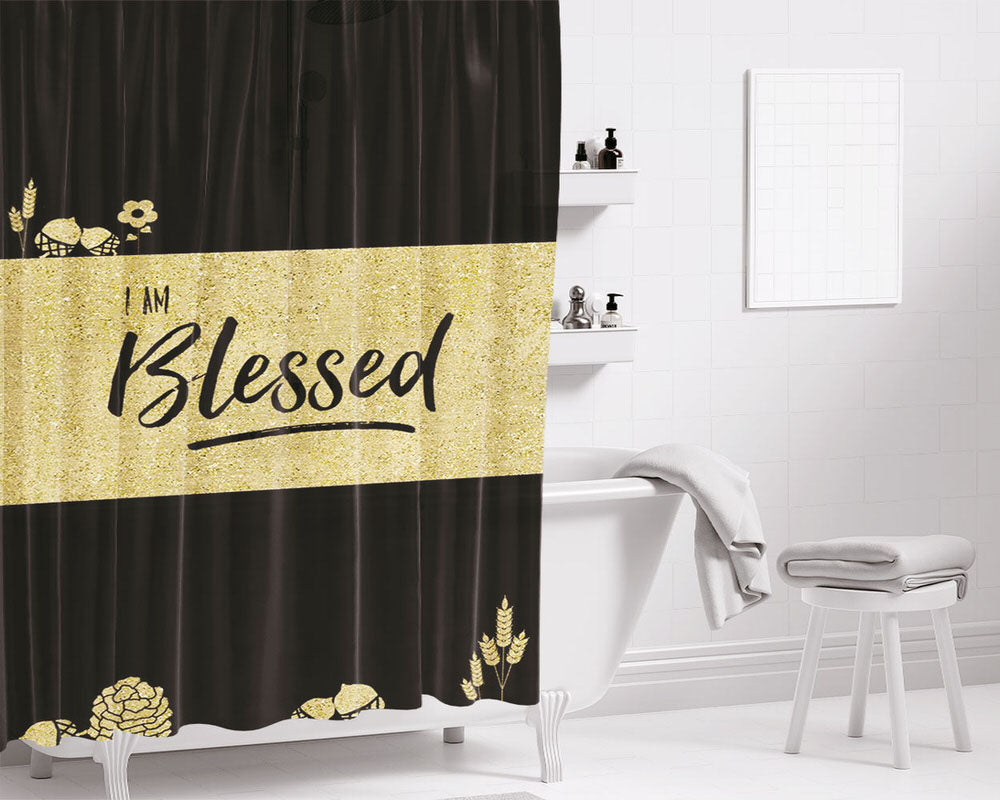 Gold Blessed Bathroom Shower Curtain Fabric Waterproof | 66 X 72 Inch