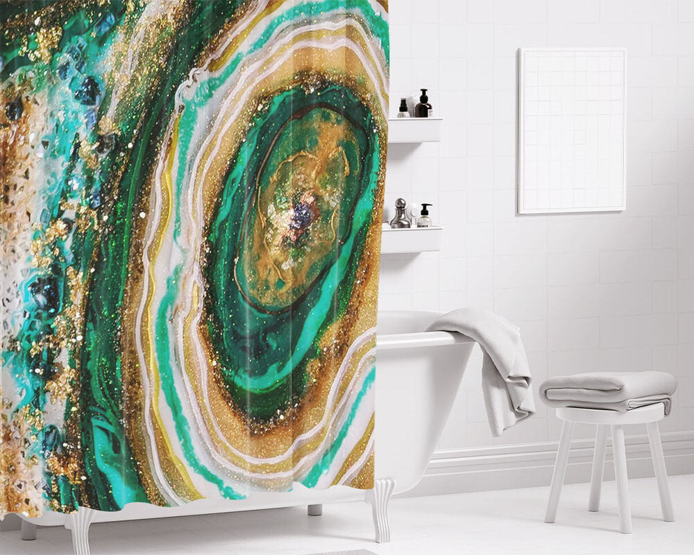 Gold Emerald Resin Geode Bathroom Shower Curtain Fabric Waterproof | 66 X 72 Inch