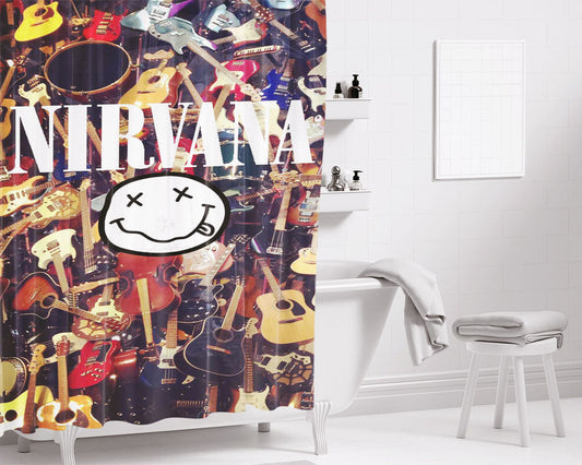 Guitar Collage Nirvana Smile Logo Bathroom Shower Curtain Fabric Waterproof | 66 X 72 Inch