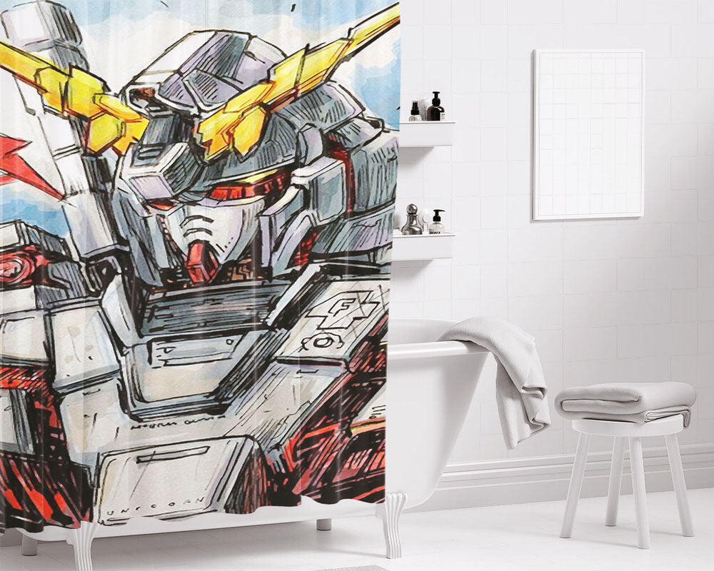 Gundam Sketch Art Bathroom Shower Curtain Fabric Waterproof | 66 X 72 Inch