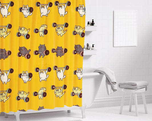 Gym Olympic Lifting Cat Bathroom Shower Curtain Fabric Waterproof | 66 X 72 Inch