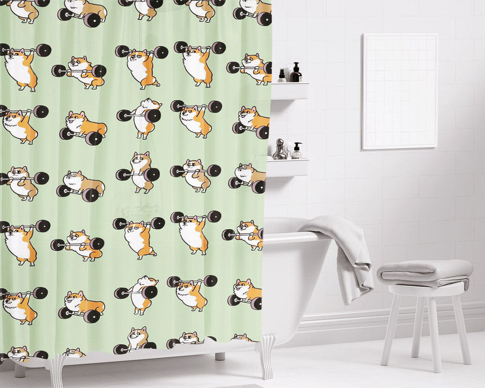 Gym Olympic Lifting Corgi Bathroom Shower Curtain Fabric Waterproof | 66 X 72 Inch