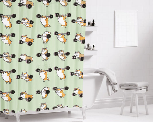 Gym Olympic Lifting Corgi Bathroom Shower Curtain Fabric Waterproof | 66 X 72 Inch