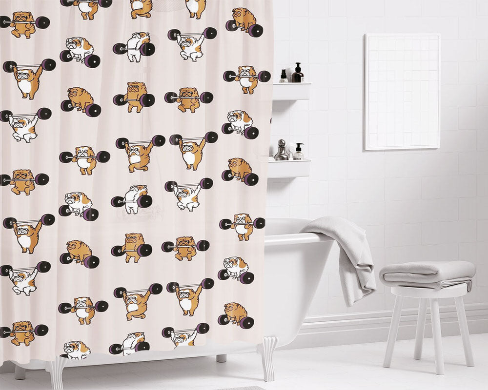Gym Olympic Lifting English Bulldog Bathroom Shower Curtain Fabric Waterproof | 66 X 72 Inch