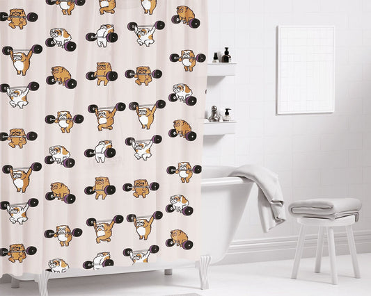 Gym Olympic Lifting English Bulldog Bathroom Shower Curtain Fabric Waterproof | 66 X 72 Inch
