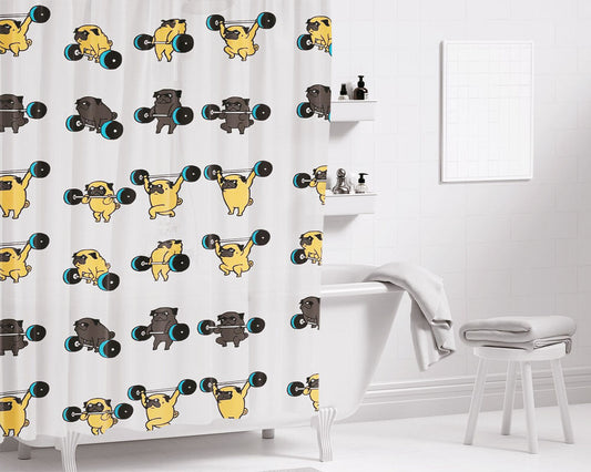 Gym Olympic Lifting Pugs Bathroom Shower Curtain Fabric Waterproof | 66 X 72 Inch