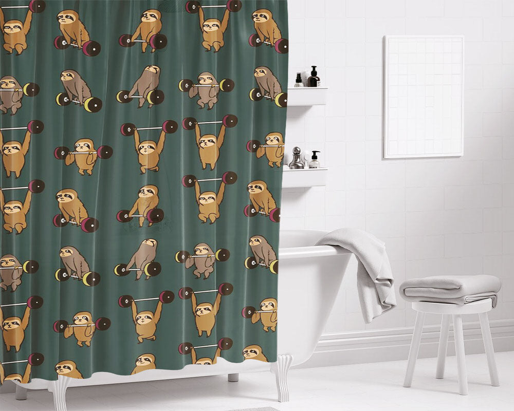 Gym Olympic Lifting Sloths Bathroom Shower Curtain Fabric Waterproof | 66 X 72 Inch