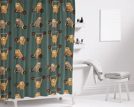 Gym Olympic Lifting Sloths Bathroom Shower Curtain Fabric Waterproof | 66 X 72 Inch