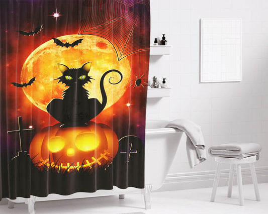 Halloween Black Cat Bathroom Shower Curtain Fabric Waterproof | 66 X 72 Inch