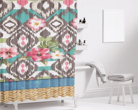 Hand Painted Tribal Flowers Bathroom Shower Curtain Fabric Waterproof | 66 X 72 Inch