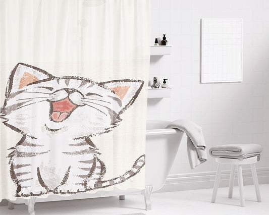 Happy Cat Bathroom Shower Curtain Fabric Waterproof | 66 X 72 Inch