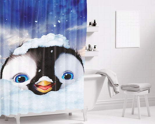 Happy Feet Penguin Children Bathroom Shower Curtain Fabric Waterproof | 66 X 72 Inch