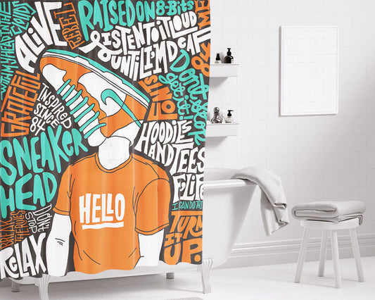Hello Doodle Sneaker Bathroom Shower Curtain Fabric Waterproof | 66 X 72 Inch