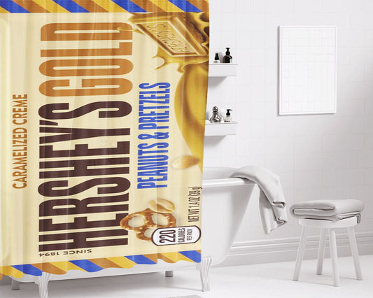 Hershey Gold Peanuts Pretzels Chocolate Candy Bar Bathroom Shower Curtain Fabric Waterproof | 66 X 72 Inch
