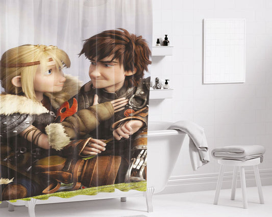 Hiccup And Astrid Dragon Train Bathroom Shower Curtain Fabric Waterproof | 66 X 72 Inch