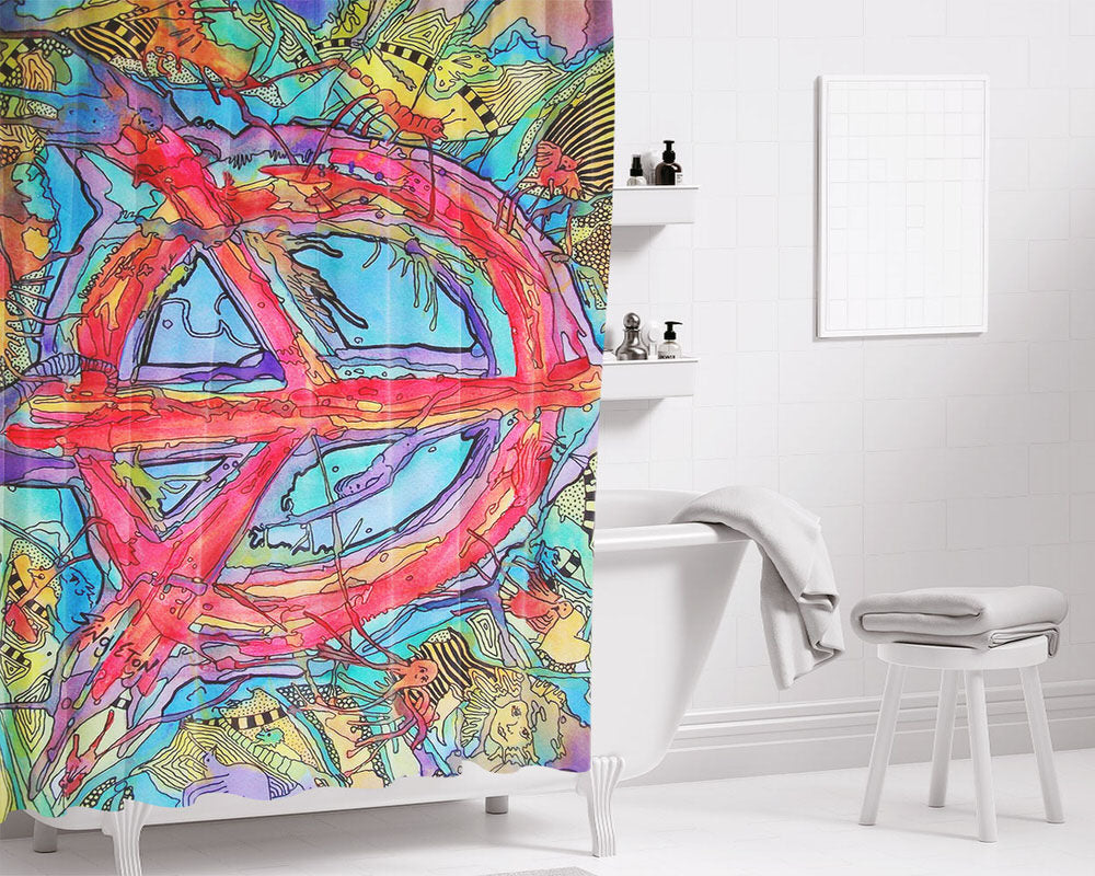 Hippie Tie Dye Peace Sketch Bathroom Shower Curtain Fabric Waterproof | 66 X 72 Inch