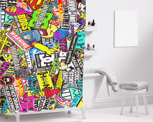 Hooningan Sticker Bombing Bathroom Shower Curtain Fabric Waterproof | 66 X 72 Inch