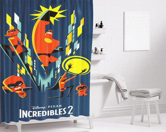 Incredibles 2 Poster Comic Stirp Bathroom Shower Curtain Fabric Waterproof | 66 X 72 Inch