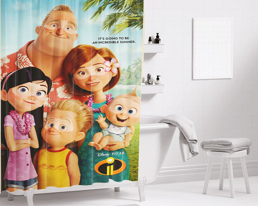 Incredibles 2 Poster Vector Art Bathroom Shower Curtain Fabric Waterproof | 66 X 72 Inch