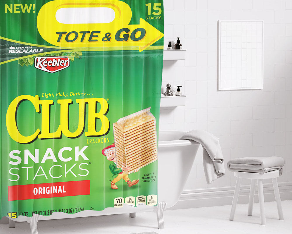 Keebler Club Snack Stacks Baked Crackers Bathroom Shower Curtain Fabric Waterproof | 66 X 72 Inch